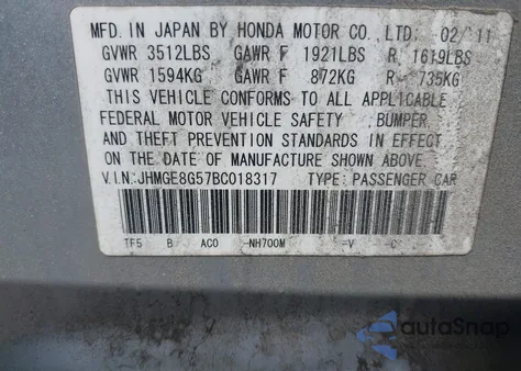 2011 Honda Fit Sport from USA, damaged, VIN JHMGE8G57BC018317